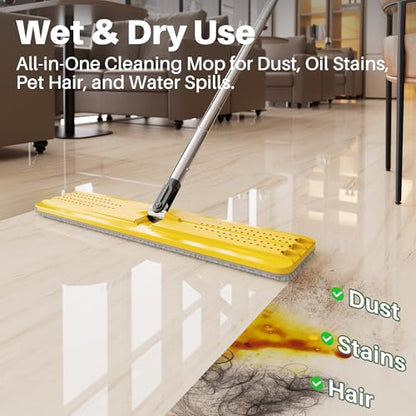 JOYMOOP Industrial Mop and Bucket Set, 17.7-inch Dust Mops for Floor Cleaning, Flat Mop Bucket with Wringer, Include 5 Reusable Microfiber Mop Pads - Yellow - size: 17.7" Mop-head - 60" Mop+5 Mop Pads