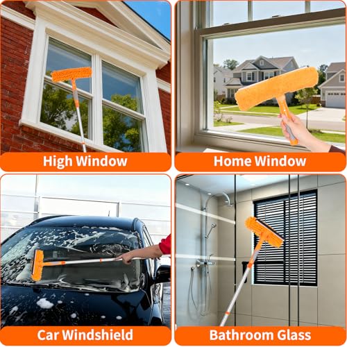 152'' Window Cleaning Kit, 2 in 1 Window Squeegee with Extension Poles, Window Cleaner Tools for Indoor/Outdoor High Window, Car, Glass