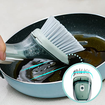 CQT Soap Dispensing Dish Brush Storage Set, Dish Scrubber with Handle, Kitchen Washing Brush for Pot Pan Sink Cleaning, Kitchen Brush with Holder and 1 Replaced Scouring Pad Head - color: Mintgreen