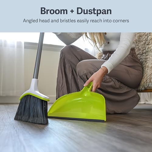 Casabella Basics 2-Piece Angled Broom and Dustpan Set, 44" Angled Broom with Long Handle and Dustpan, Silver/Green - color: Silver/Green