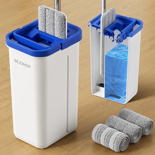 Mop and Bucket Set, 60" Long Handle Mops for Floor Cleaning, Squeeze Flat Mop and Bucket System, Dry & Wet Dust Mops for Household Floor Cleaning with 3 Microfiber Mops, Slate Blue - size: Mop System (Blue) - 60" Handle - 3 Total Pads
