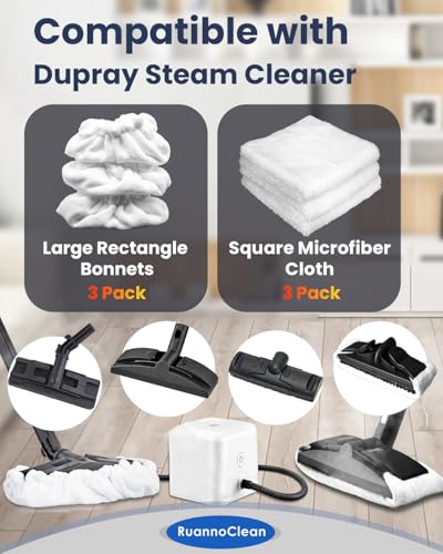 Large Rectangle Bonntes & Square Microfiber Cleaning Cloth Compatible with Dupray Steam Cleaner, Reusable Steam Mop Pads Microfiber Bonnet Steam Cleaning Cloth -3+3 Pack - color: White Bonnets*3+cloth*3