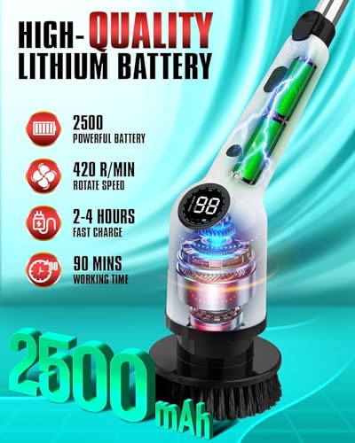 Electric Spin Scrubber, 2024 Upgrade Cordless Shower Scrubber with Power Display Screen Extension Handle, 8 Brush Heads 3 Adjustable Speeds 420 RPM, Power Cleaning Brush for Bathroom Tub Grout Bathtub