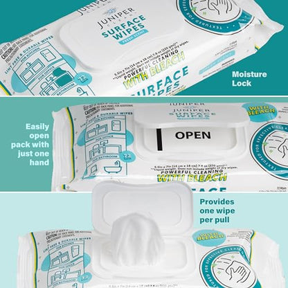 Juniper CLEAN 6 Pack Surface Cleaning Wipes with Bleach, All-Purpose Cleaner for Bathroom, Kitchen, Office, 72 Count Soft Flow, Fresh Scent, Lint Free & Durable - size: 72 Count (Pack of 6)