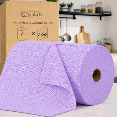 KitchLife Microfiber Cleaning Cloth Roll, 100 Pack - Tear-Away Microfiber Paper Towels, Lint-Free, Reusable, Washable for Kitchen, Car, Dishes, and Sensitive Surfaces (Light Purple) - color: Light Purple, size: 100 Pack