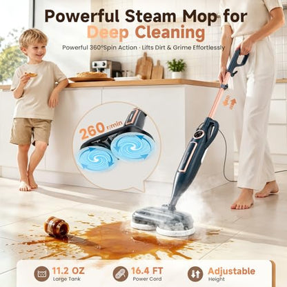 DEVOAC VM6 Scrubbing Steam Mop with Rotating Mop Pads, 10 in 1 Steam Mop, Lightweight Spin Mop & 3 Steam Modes for Hard Floor Laminate Marble Floors (Dark) - color: Dark