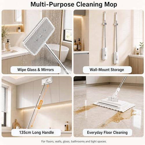 Hands Free Flat Mop with 5 Reusable Pads, One-Click Cloth Release, 53-Inch Extendable Stainless Steel Handle, Microfiber Mini Mop with Wall Holder for Hardwood, Tile, Bathroom, Kitchen and Glass