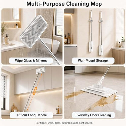Hands Free Flat Mop with 5 Reusable Pads, One-Click Cloth Release, 53-Inch Extendable Stainless Steel Handle, Microfiber Mini Mop with Wall Holder for Hardwood, Tile, Bathroom, Kitchen and Glass