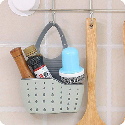 EC ELEGANTCHARM Kitchen Sink Caddy Sponge Holder Silicone Plastic Soap Holder Hanging Ajustable Strap Faucet Caddy with Drain Holes for Drying - color: Sky Blue
