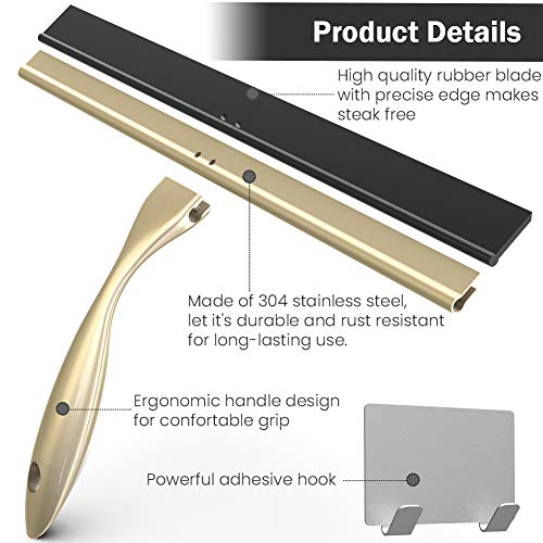 Shower Squeegee with Self Adhesive Hook, 14 Inches Stainless Steel Squeegee Cleaner, All-Purpose Window Scraper for Bathroom Doors, Mirror, Windows and Car Glass, Light Gold