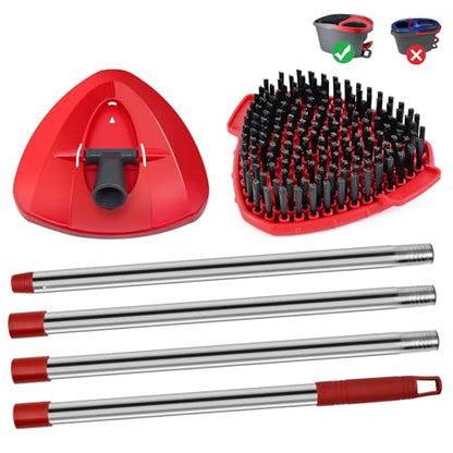 4 Part Stainless Steel Spin Mop Handles, Mop Base & Upgrade Scrub Brush Combo for Ocedar EasyWring 1 Tank Spin Mop System, Mop Handle Mop Base & Brush Set for O Cedar Mop, Universal Thin Screw Joints