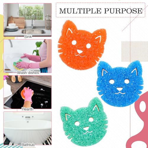 FillTouch 3 Pcs Dual Sided Scrub Sponge Multi Functional Cute Temperature Sensitive Non Scratch Dish Sponge for Washing Dishes Kitchen Bathroom (Cat,Green, Orange, Blue) - color: Green, Orange, Blue, style: Cat