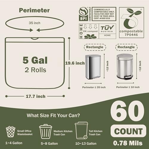 Compost Bags 5 Gallon with Drawstring Tear Off 20 Liter Extra Thick 0.78 Mils Compostable Food Scrap Waste Bags with US BPI ASTM D6400 and Europe OK Compost Home Certified 60 Counts - style: 5 Gallon Drawstring
