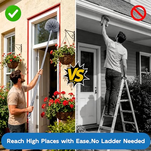 Cobweb Duster with Extension Pole, Upgraded Heavy Duty Thickened Stainless Steel Telescopic Handle for High Ceilings & Ceiling Fans, 90" Total Reach (15.7" Compact), Medium Stiff Bristles (Grey) - color: Gray