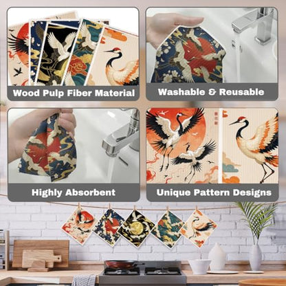5 Pcs Artistic Red-Crowned Crane Swedish Dishcloths, Red-Crowned Crane Themed Swedish Dishcloth, Artistic Dish Cloths for Drying Dishes, Reusable Cleaning Cloths, Housewarming Gifts for Women - color: Lm 04253
