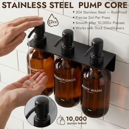 KOUCHU Shampoo and Conditioner Dispenser - Wall Mounted Shower Soap Dispenser - 17oz No-Drill Refillable Plastic Bottles with Stainless Steel Pump for Bathroom - Includes Soap Dish and Hook (Brown) - color: Brown