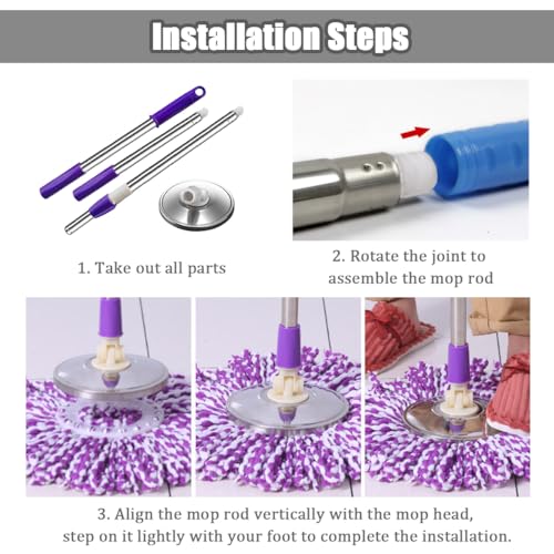Extended Spin Mop Replacement Mop Handle, Upgraded 60-inch 360 Degrees Rotating Telescopic Replacement Mop Stick for Spin Mop Bucket Cleaning System (Stainless Steel Disc, Purple) - color: Purple, style: Stainless Steel Disc