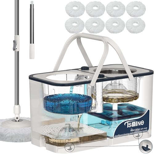 Gen 1 Large-Capacity Spin Mop and Bucket – for Big Homes & Deep Cleaning Days,4-Chamber System Separates Dirty & Clean Water, 2-GAL Heavy-Duty Design with Wheels & 8 Refill Mop Heads - White/Blue - size: Large Gen 1- White/Blue+8 Mop Heads