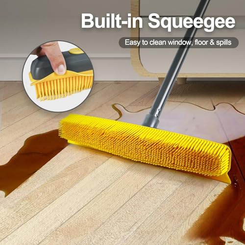 57.5-Inch Extended Handle Rubber Pet Hair Broom - Silicone Carpet Rake with Lint Remover & Built-in Scraper, Perfect for Floor, Tile & Carpet Cleaning