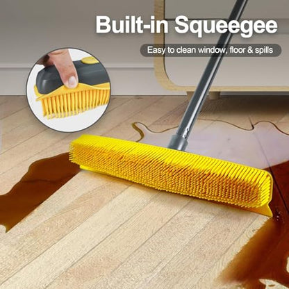 57.5-Inch Extended Handle Rubber Pet Hair Broom - Silicone Carpet Rake with Lint Remover & Built-in Scraper, Perfect for Floor, Tile & Carpet Cleaning