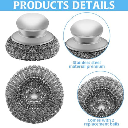 Stainless Steel Wool Scrubber with 2 Replacement Pads - Clean Metal Pans, Pots, Grills & More - color: 4pcs