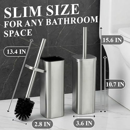 Toilet Brush with Square Holder - Toilet Brush and Holder Set Silver, Stainless Steel Handle with Splash Shield, Replaceable Head and Removable Inner Cup - Freestanding Bathroom Toilet Cleaning Set - color: Silver Rounded Square
