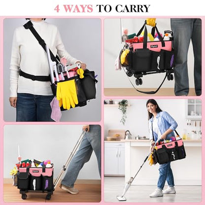 Chyaidach Rolling Cleaning Caddy, Cleaning Supplies Organizer with Trolley, Wearable Cleaning Tote Bag on Wheels with Hard Bottom, Cleaning Carts for Housekeepers/Home/Car/Office/Picnic (Pink) - color: Pink