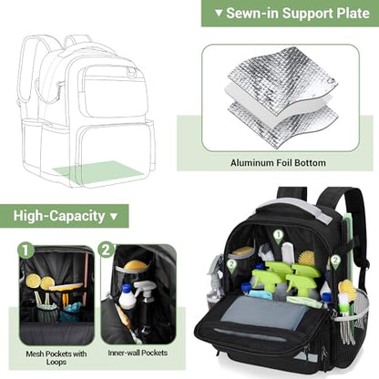 HODRANT Cleaning Backpack with Bottom Plate & Waterproof Bottom, Large Supplies Bag with Multiple Pockets for Housekeeping Tools, Cleaning Products Caddy Organizer for Home & Car