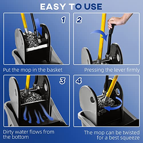 HOMCOM 9.5 Gallon (38 Quart) Mop Bucket with Wringer Cleaning Cart, 4 Moving Wheels, 2 Separate Buckets, & Mop-Handle Holder, Grey