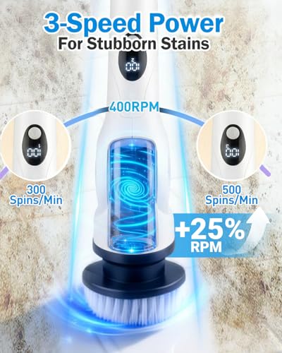 Electric Spin Scrubber, 3-Speed Cordless Shower Scrubber with 90° Adjustable & 10 Replaceable Brush Heads, 90 Mins Runtime & Full-Body IPX7 Waterproof Shower Cleaner Brush with Long Handle
