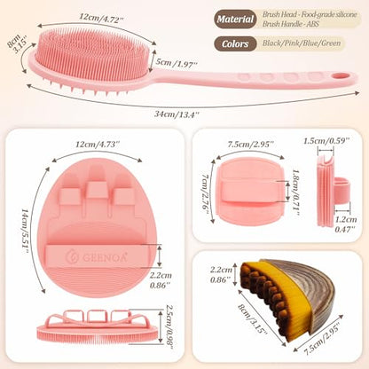 Silicone Back/Body/Face Scrubber & Lymphatic Contour Face Brush Set 4PCS, 13.4'' Soft Back Scrubber, 360° Anti-Slip Bath Glove, Unique Side-bristled Face Scrubber for All-Round Cleaning(Pink) - color: Pink*4