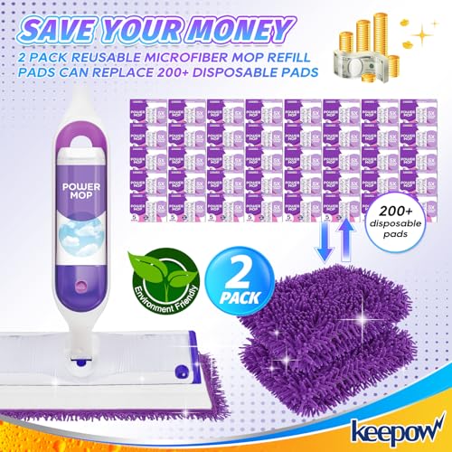 KEEPOW Reusable Power Mop Pads Compatible with Swiffer PowerMop, 2 Pack | Microfiber Power Mop Refills for 13 ''-15 '' Spray Mop, Machine Washable Pad Replacement for Multi-Surface Floor Cleaning - color: Purple-2 Pack