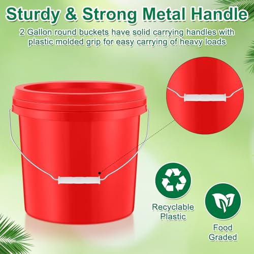 Tioncy 10 Pcs 2 Gallon Plastic Bucket with Lid Heavy Duty 2 Gallon Bucket Pail with Lid Handle for Storage Container Home Household Cleaning (Red) - color: Red