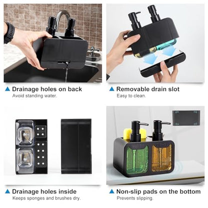 Kitchen Soap Dispenser Set, with Hand and Dish Soap, Sponge Caddy and Brush Holder 4-in-1 Kitchen Dual Soap Dispenser Set for Kitchen Sink, Bathroom - Black - color: Black
