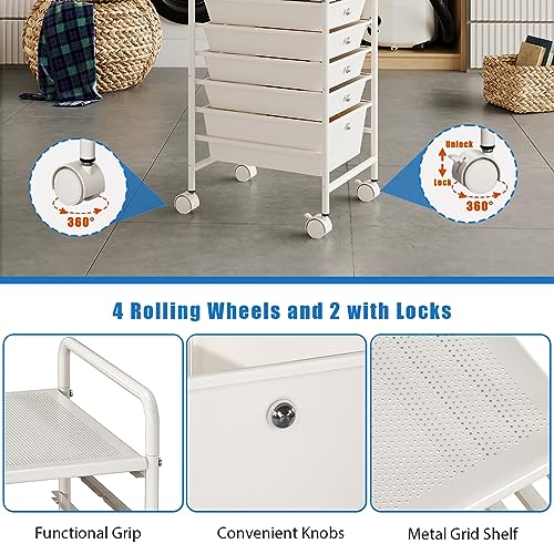 6-Tier Rolling Cart with 5 Drawers, Rolling Utility Cart with 2 Lockable Caster Wheels, Multipurpose Mobile Rolling Storage Drawer Cart for Office Bathroom Kitchen, Ivory White - size: White, 5-Tier, 4S/1L Drawer