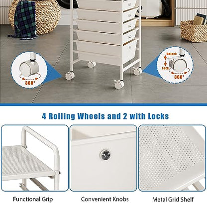 6-Tier Rolling Cart with 5 Drawers, Rolling Utility Cart with 2 Lockable Caster Wheels, Multipurpose Mobile Rolling Storage Drawer Cart for Office Bathroom Kitchen, Ivory White - size: White, 5-Tier, 4S/1L Drawer