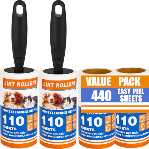 Lint Roller 440 Sheets with 2 Extra Handles, Pet Hair Remover for Laundry, Extra Sticky Lint Rollers for Pet Hair on Clothes, Furniture, Car - Dog & Cat Hair Removal Tool - size: 440 Sheets with 2 Extra Handles