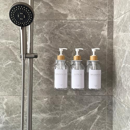 Shampoo Dispenser for Shower Wall, Shampoo and Conditioner Dispenser with 16 Waterproof Labels, No Drill Shower Soap Dispenser Bathroom, Shower Soap Dispenser Wall Mounted,17oz, 3 Pack, Clear - color: 1-clear Bottle + Bamboo Pump
