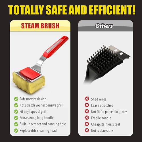 GRILLART Grill Brush Bristle Free. SteamWizards BBQ Replaceable Cleaning Head, Unique Seamless-Fit Scraper Tool for Cast Iron/Stainless-Steel Grates, Safe Barbecue Grill Cleaner-Red - color: Grill Brush & Scraper