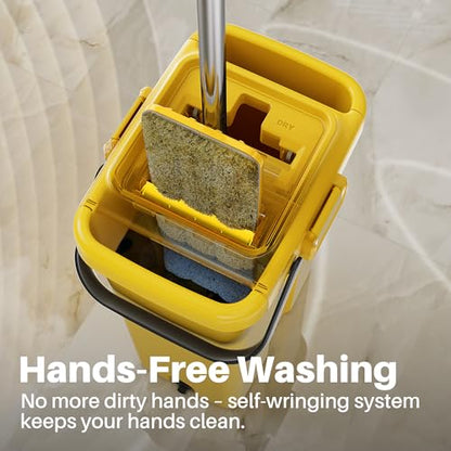 JOYMOOP Industrial Mop and Bucket Set, 17.7-inch Dust Mops for Floor Cleaning, Flat Mop Bucket with Wringer, Include 3 Reusable Microfiber Mop Pads - Yellow - size: 17.7" Mop-head - 60" Mop+3 Mop Pads