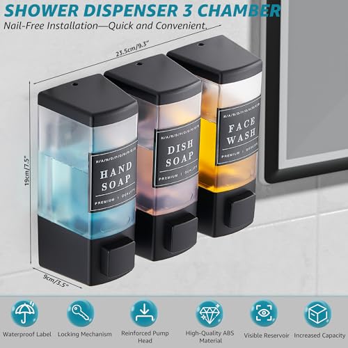 Shampoo and Conditioner Dispenser for Shower,3 Chamber, Black | Wall Mounted, No Drill, 3×16.9oz,ABS Plastic Material,Refillable With Labels, For Bathroom Hotel - color: Black