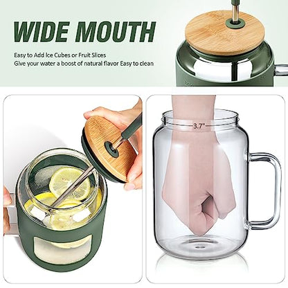 WINSA 50 oz Glass Water Bottles with Silicone Sleeve,Glass Tumbler with Lid and Straw,Iced Coffee Cup with Handle,BPA Free-Olive - color: Olive