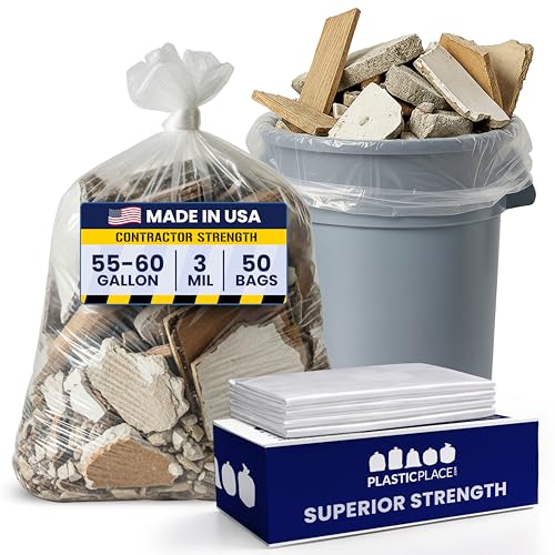 Plasticplace Contractor Trash Bags 55-60 Gallon, Heavy Duty Garbage Bags, 3.0 Mil Clear Trash Bags, Tear-Resistant Large Trash Can Liners for Construction, Recycling & Home Improvement (50 Count) - size: 50 Count (Pack of 1)