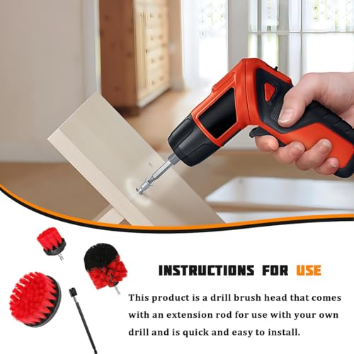 4PCS/Set Car Drill Brush Attachment Set, Vehicle Drill Scrub Brushes Kit with Extended Long Rod, Automotive Power Cleaning Scrubber Accessories, Universal for SUV, Sedan, Truck (Red) - color: Red