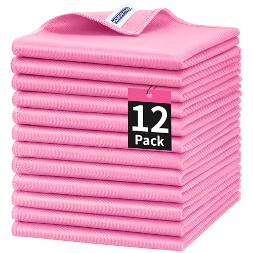 Microfiber Cleaning Cloth, 12 Pack Window Glasses Cleaning Cloth, Reusable Lint-Free Streak Free Polishing Cloth Wipes for Stainless Steel, Eyeglasses, Mirrors, Screens & Lenses,12"*12" Pink - color: Pink, size: 12" x 12"