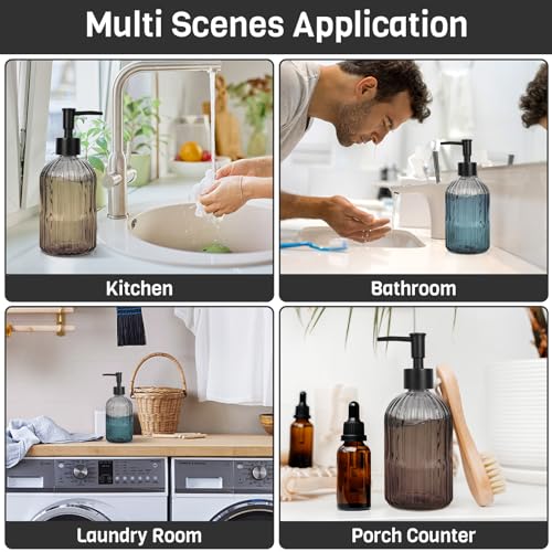 2 Pack 11oz Glass Soap Dispenser with Plastic Pump, Vertical Stripe Design Refillable Hand Soap Dispenser for Hand Wash, Bathroom and Kitchen - color: Transparent Black