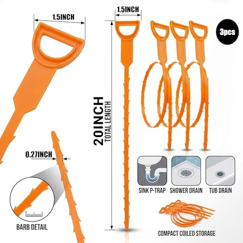 Drain Hair Remover Tool 3 Pcs Set, 20 Inch Flexible Drain Cleaning Snake, Plastic Drain Clog Remover for Sink, Shower, Bathtub and Bathroom Drain, Reusable Hair Removal Tool, Green - color: Orange