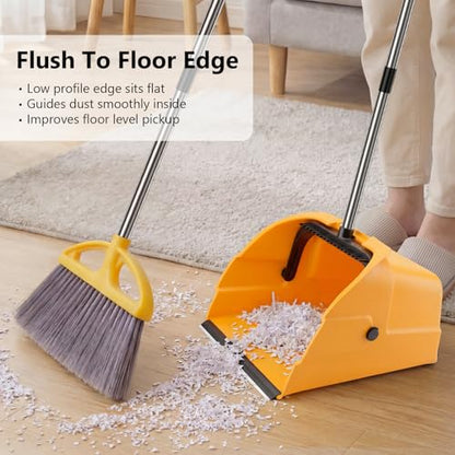 Jumbo Commercial Dustpan with Wheels & Comb Teeth - Heavy Duty 14.2" Rolling Debris Pan - Long Handle Extra Large Upright Dust Pan for Industrial Warehouse Garage Restaurant Sidewalk Outdoor - Yellow - color: Yellow