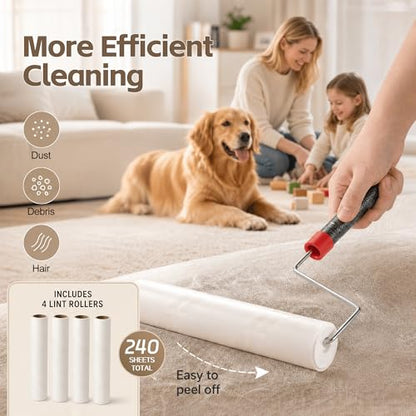 Pet Hair Lint Roller, Extra Sticky – 9.45" Wide Large Roller with 240 Adhesive Sheets, 51" Long Handle Sticky Mop for Carpet, Floor, Couch, Bed Sheets – Home Cleaning