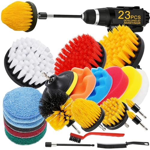 23Pcs Drill Brush Attachments, Power Scrubber Brushes with 2 Gap Brushes, Scrub Pads & Sponge Polishing Pads, Car Polishing Kit, Cleaning Supplies for Bathroom Kitchen Auto (Yellow-23pcs) - color: Yellow-23pcs